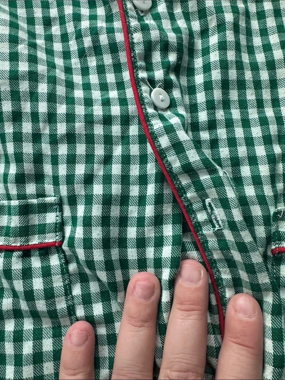 Sweet Dreams Green and White Gingham Pajama Set with Red Trim(button missing b44